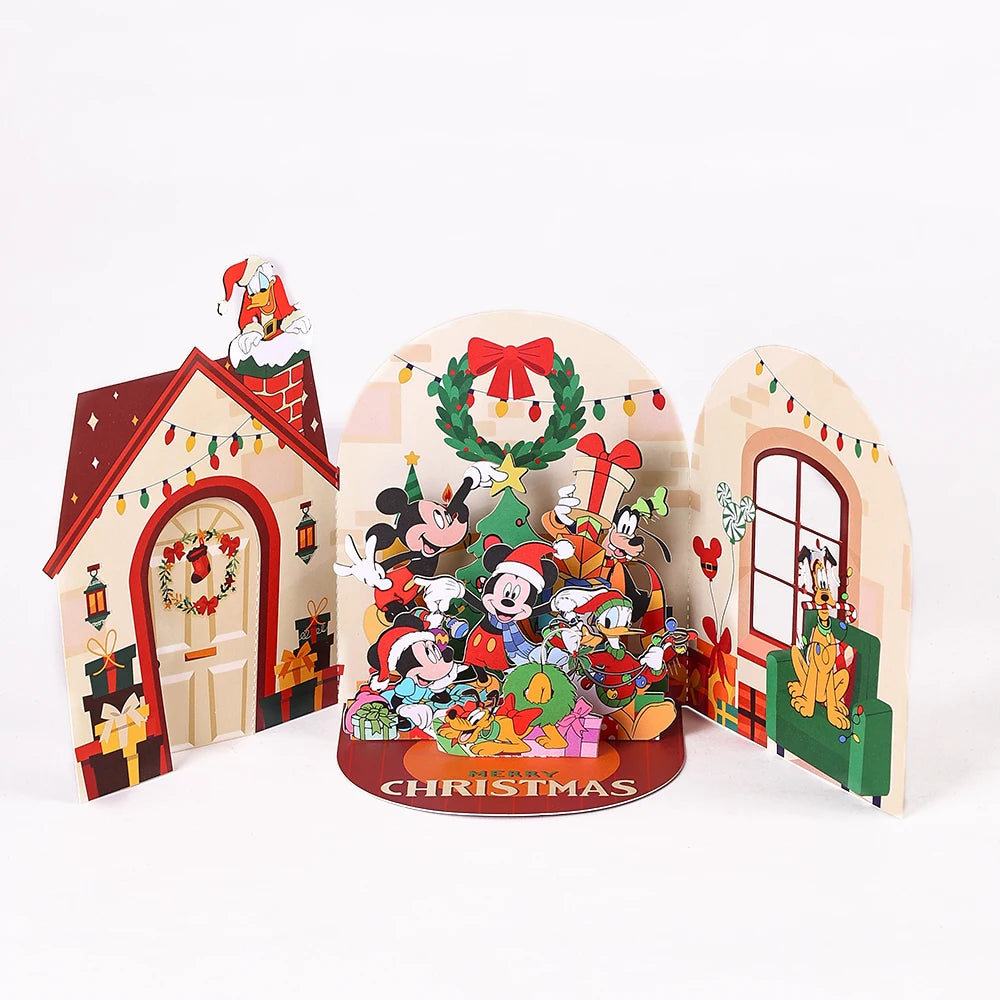 Carte de vœux de noël Mickey, carte 3D créative à Double porte, carte postale cadeau de noël avec enveloppe, fête de noël Donald Duck