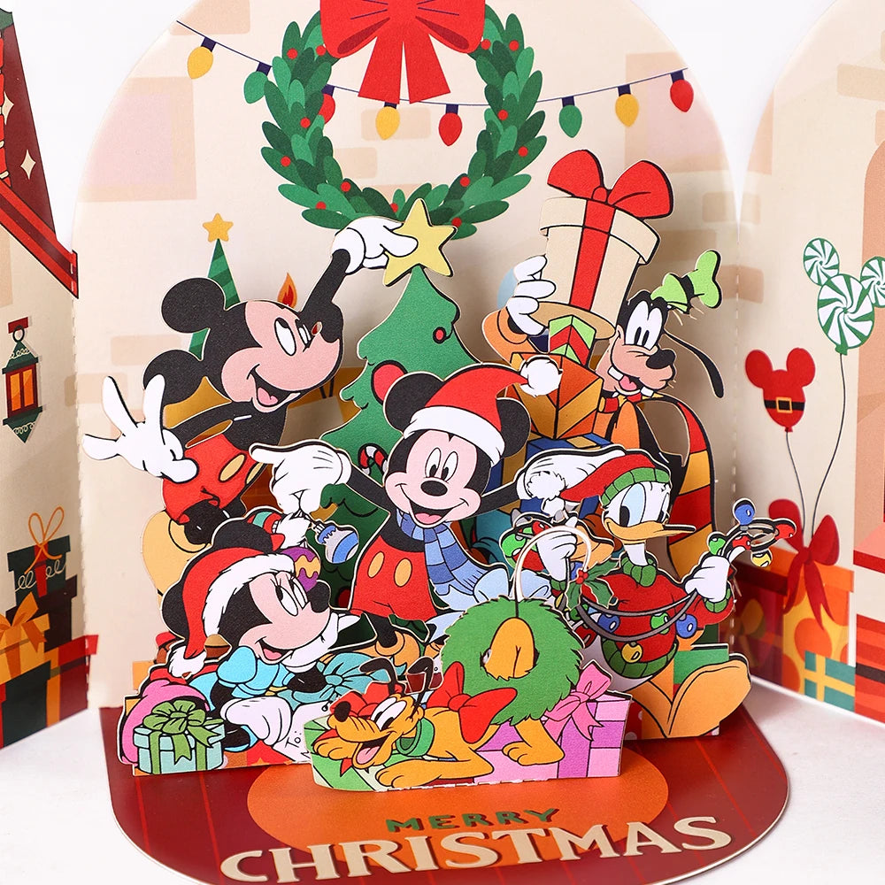 Carte de vœux de noël Mickey, carte 3D créative à Double porte, carte postale cadeau de noël avec enveloppe, fête de noël Donald Duck