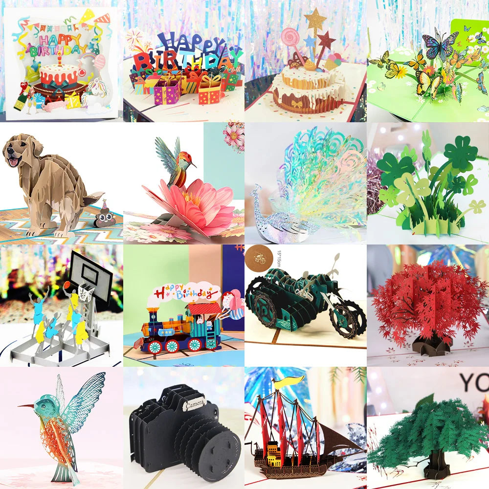 Carte pop up anniversaire, fleurs, animeaux