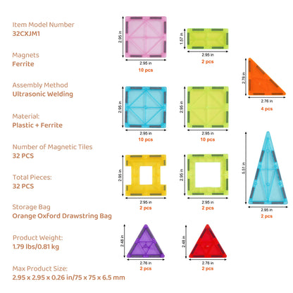 SucceBuy 32 pièces carreaux magnétiques légers blocs de construction aimant éducatif tige sensorielle empilage jouets pour les tout-petits garçons filles cadeaux