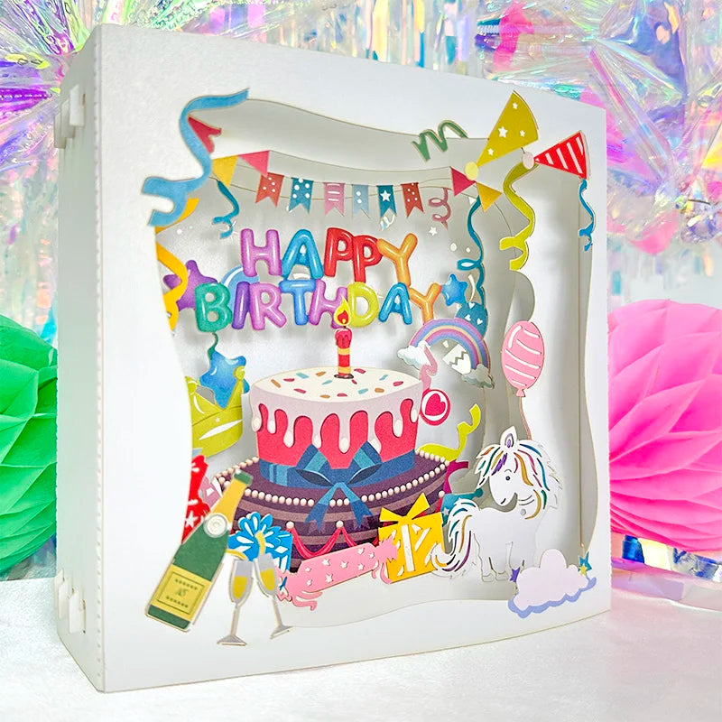 Carte pop up anniversaire, fleurs, animeaux