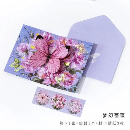 Carte pop up fleurs, papillon