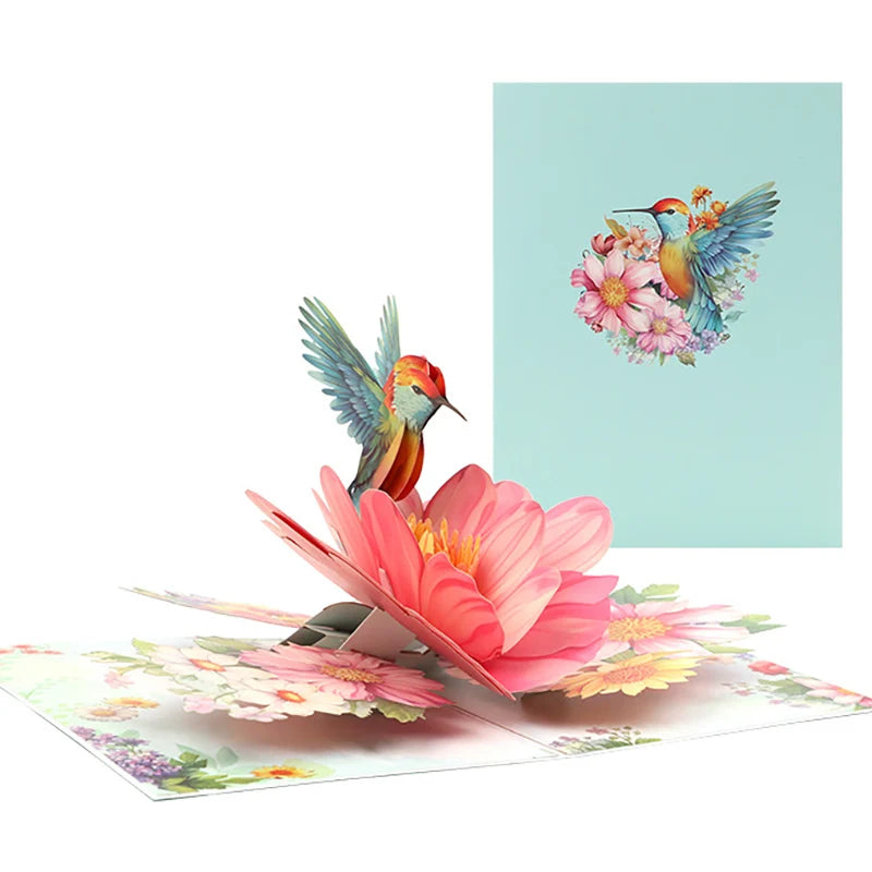 Carte pop up anniversaire, fleurs, animeaux