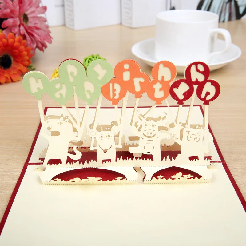 Carte pop up anniversaire, fleurs, animeaux