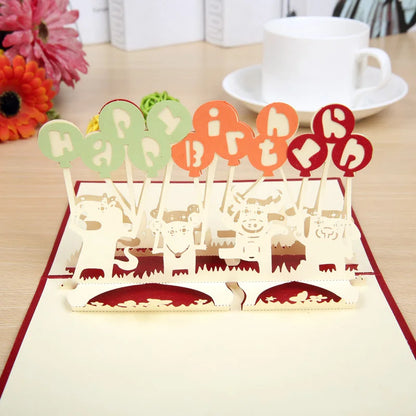 Carte pop up anniversaire, fleurs, animeaux