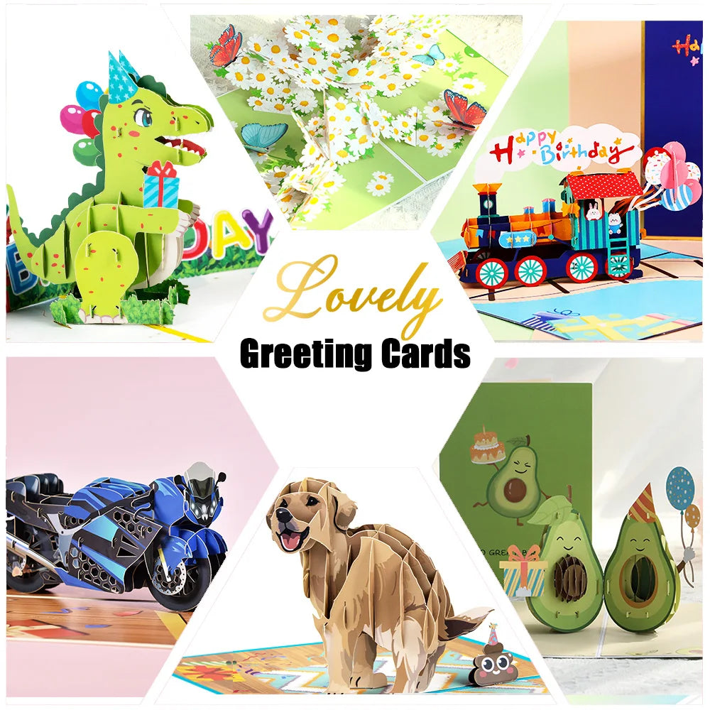 Carte pop up anniversaire, fleurs, animeaux