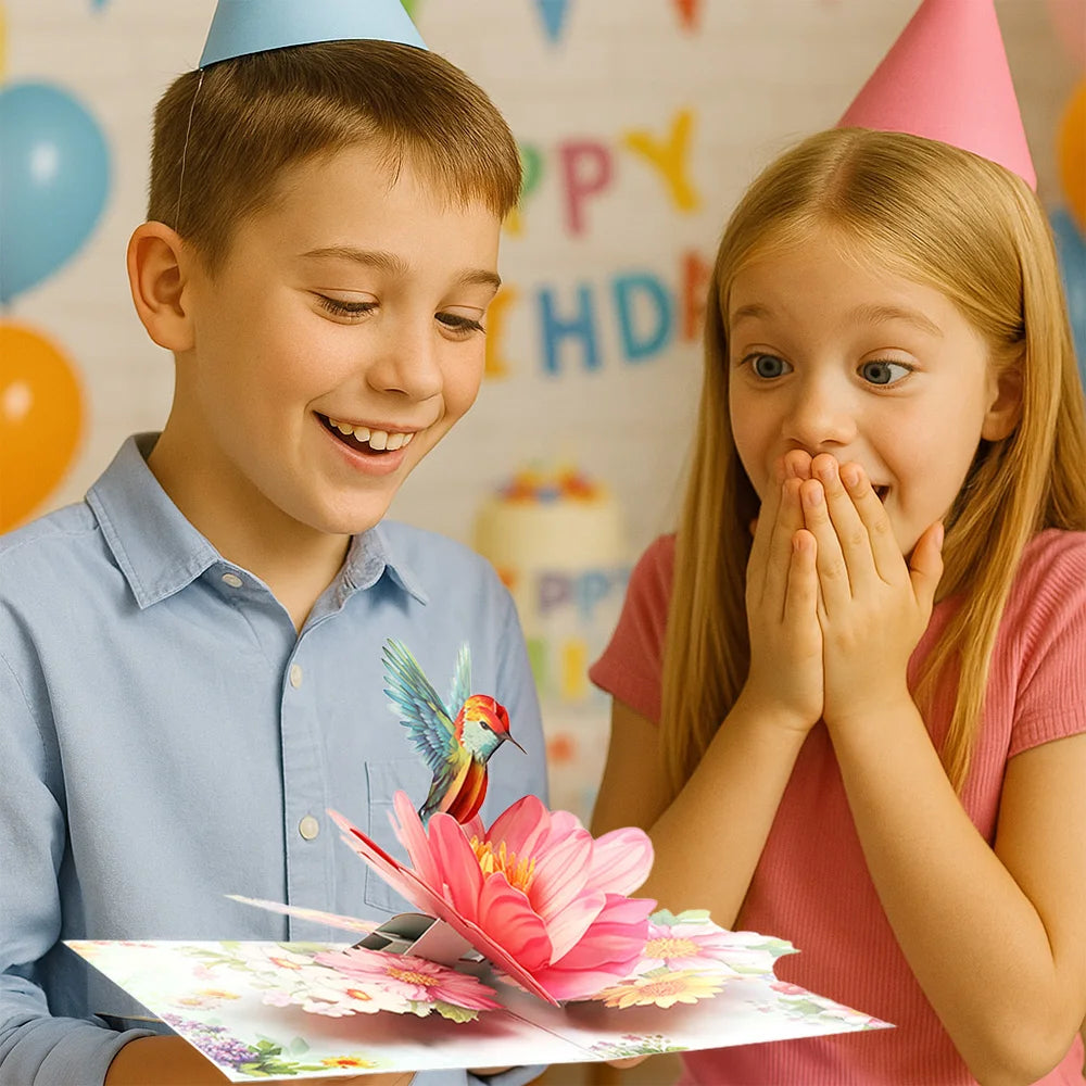 Carte pop up anniversaire, fleurs, animeaux