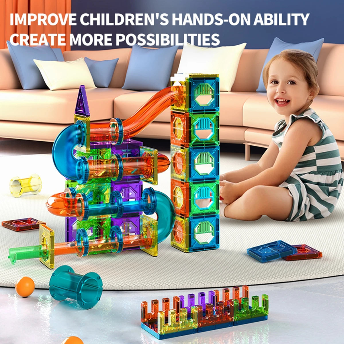 Blocs de construction de carreaux magnétiques légers pour enfants, jouets de construction de tige éducatifs transparents 3D, blocs de course en marbre magnétiques, jouets pour enfants