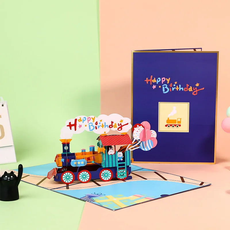 Carte pop up anniversaire, fleurs, animeaux