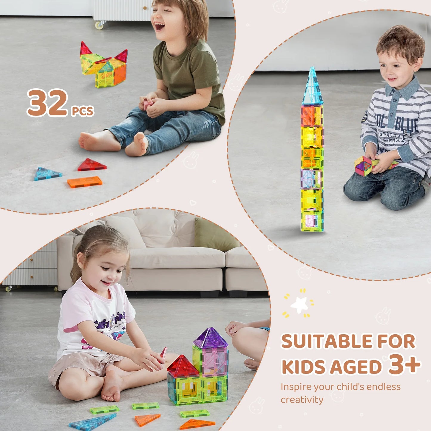 SucceBuy 32 pièces carreaux magnétiques légers blocs de construction aimant éducatif tige sensorielle empilage jouets pour les tout-petits garçons filles cadeaux