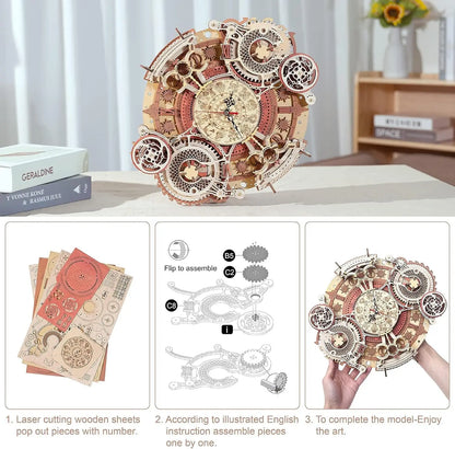 Robotime Horloge murale Puzzle 3D en bois Ensemble en bois Kits de construction mécaniques Jeu de puzzle en bois Cadeau pour enfants Meilleur cadeau de Noël