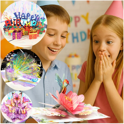 Carte pop up anniversaire, fleurs, animeaux